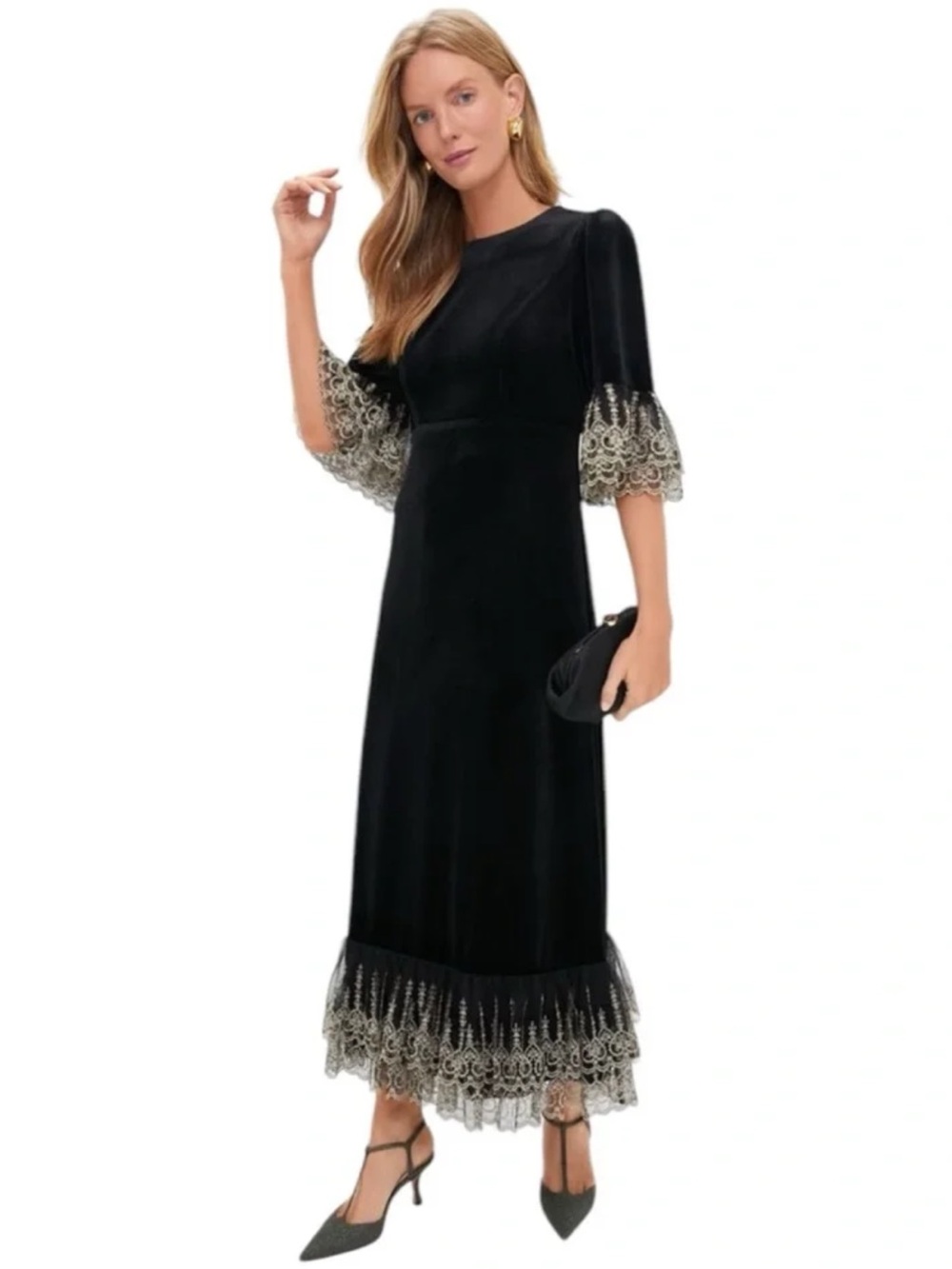 Tuckernuck Pomander Place Black Velvet Lillith Party Dress Gold Lace Trim Small